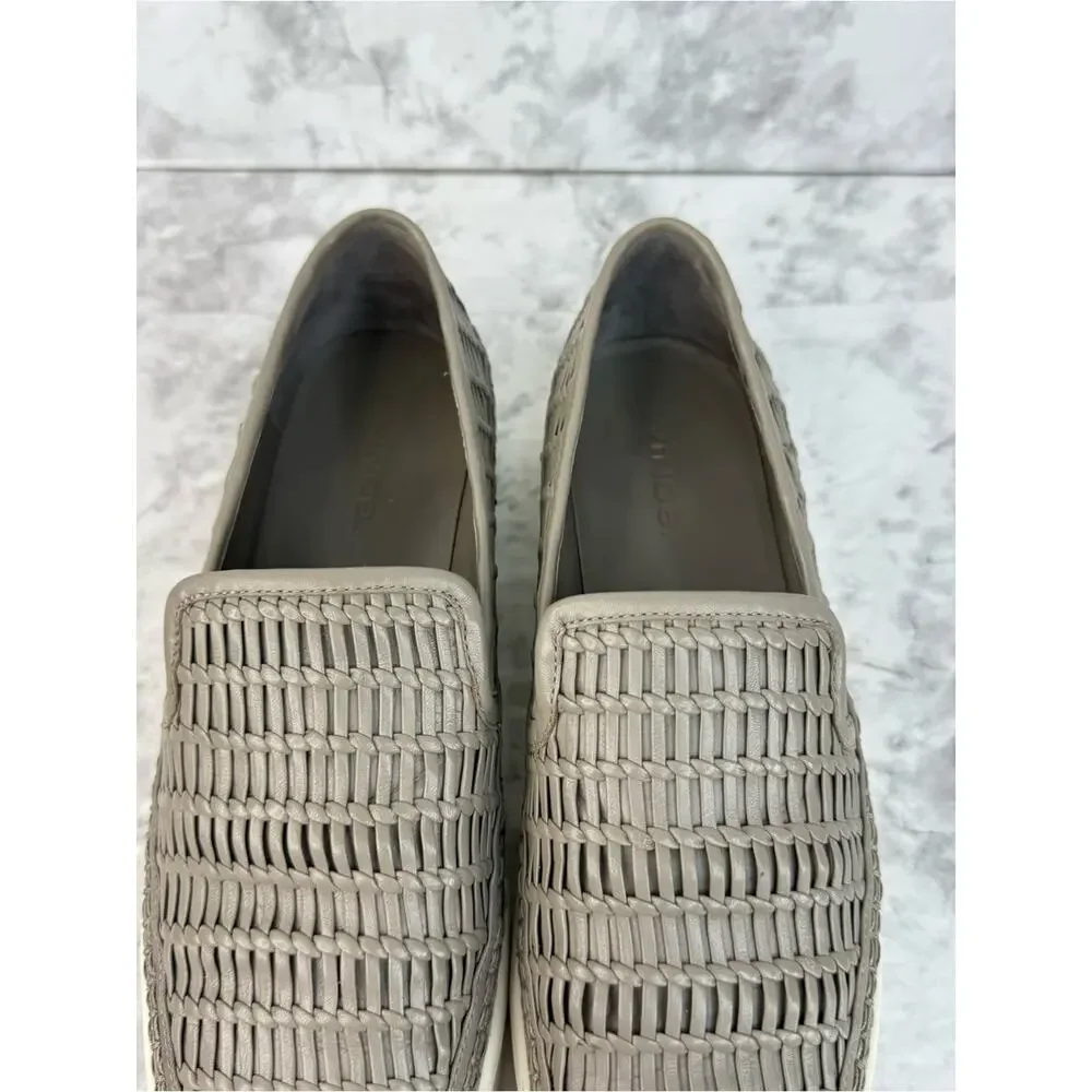 VINCE Stafford Woven Leather Slip-On Sneakers  Grey Platform Shoes Sz 8